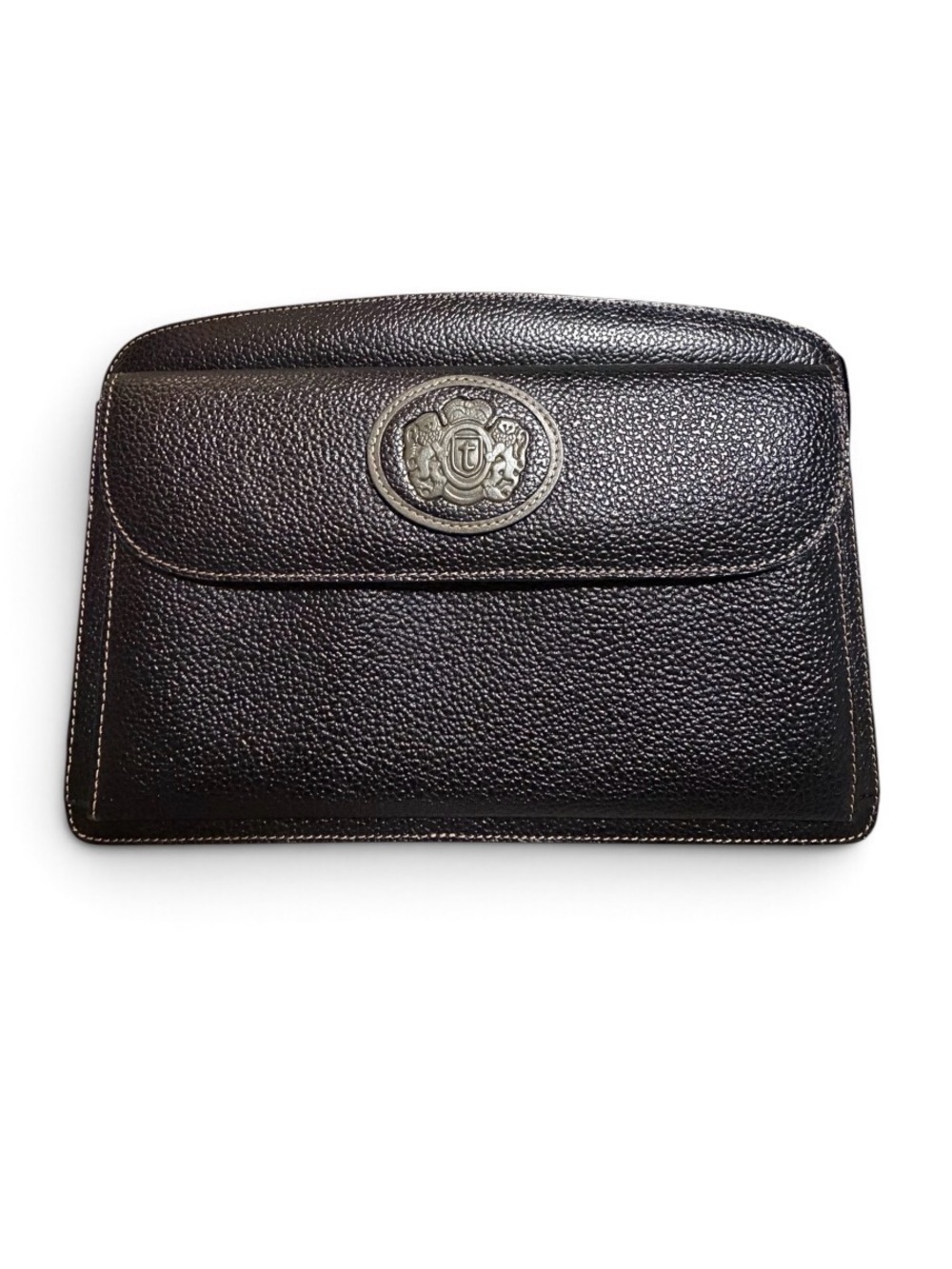 a. testoni Black Pebbled Leather Toiletry Pouch with Crest Medallion